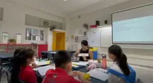 Image of a teacher conducting a school-based dyslexia remediation session with students
